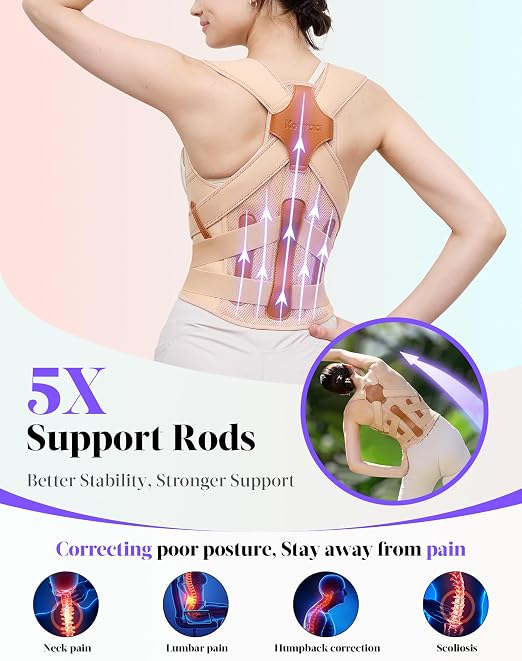 Kepwaa Posture Corrector for Women and Men, 5 Full Back Support Brace Rods, Adjustable Shoulder Straightener, Relief for Upper and Lower Back, Neck, Lumbar, Scoliosis, Hump, Beige, Medium
