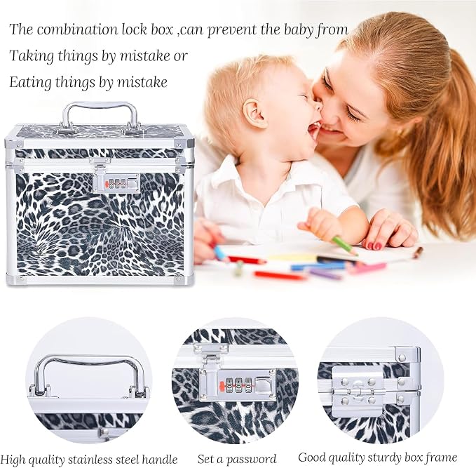 Medication Combination Lock Boxes with Code for Personal Items, Medicine Lockbox for Documents 10 x 7.25 x 7.75 Inches Black Leopard