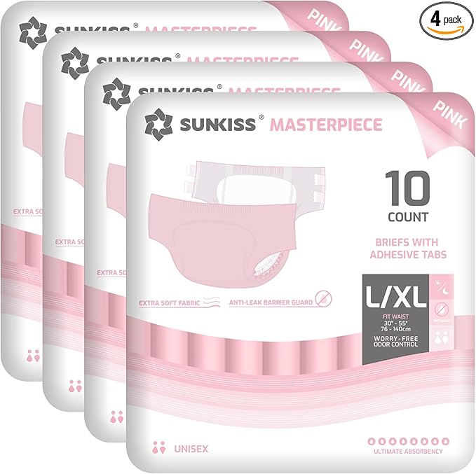 SUNKISS Masterpiece Adult Diapers with Tabs, Unisex Disposable Incontinence Briefs for Women and Men, Odor Control, Pink, Large/XLarge, Previously Large, 40 Count (4 Packs of 10)