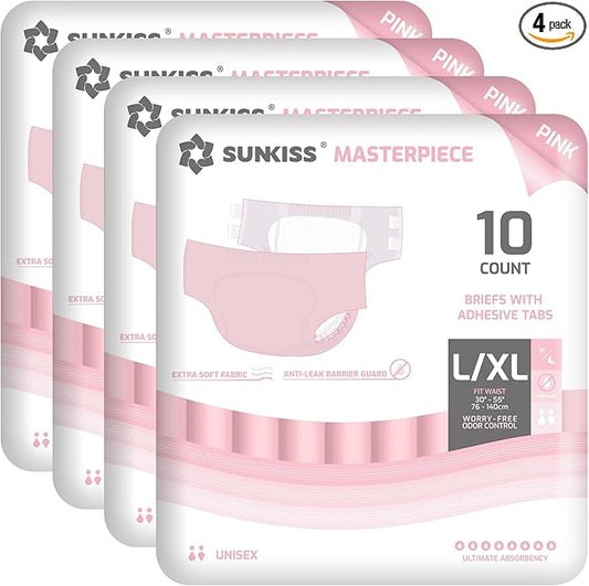 SUNKISS Masterpiece Adult Diapers with Tabs, Unisex Disposable Incontinence Briefs for Women and Men, Odor Control, Pink, Large/XLarge, Previously Large, 40 Count (4 Packs of 10)