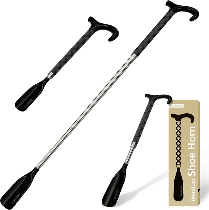 Shoe Horn Long Handle for Seniors, Telescopic Stainless Steel | Long Shoe Horn, 14"-35" Adjustable Length, One-Pull Extension, Matte Finish, Reduced Wobble, No-Bend Shoe Helper