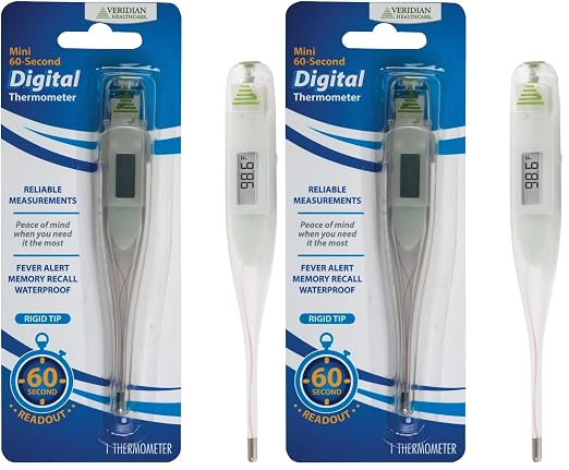 Digital Thermometer | 60-Second Readout | Fahrenheit Measurements | Rigid Tip | Fever Alert | One-Year Warranty (Pack of 2)