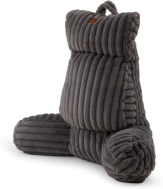 Amélie Home Faux Fur Reading Pillow with Pocket for Sitting in Bed, Adult Backrest Bed Pillow with Washable Cover for Lounging, Study & Relaxing, Grey 25 inches