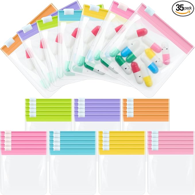 Sherr 35 Pcs Pill Pouch Bags with Zipper Pill Pouch Set Travel Reusable Translucent Medicine Organizer Self Sealing Plastic Bag with Slide Lock for Storage(Sweet Macarons,3 x 3 Inch,Blank Style)