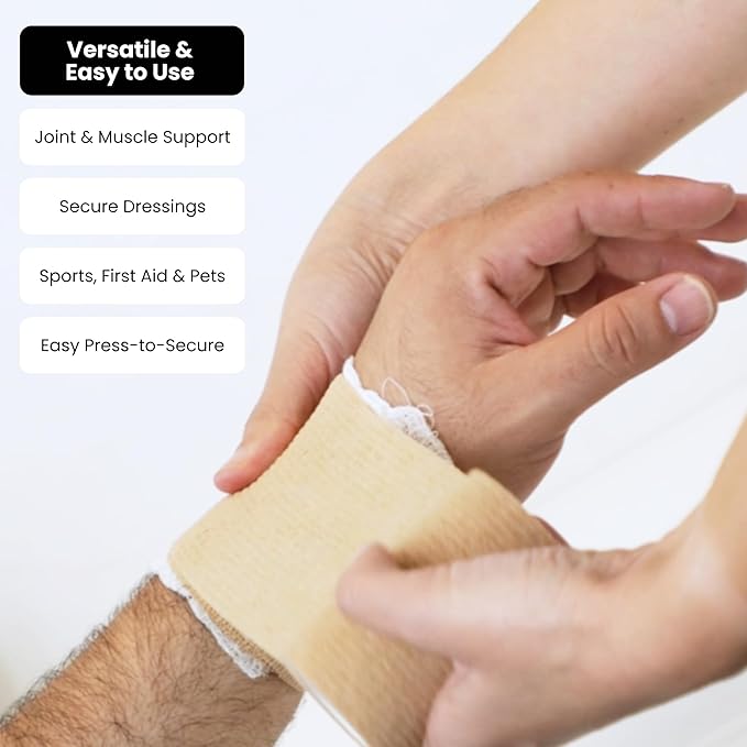 Juvale Cohesive Self-Adhering Elastic Bandage Wrap - Sprain Support & Medical Tape - Vet Wrap for Horses & Horse Leg Support - Sport Tape & Tattoo Bandage - 4 in x 5 yd, Tan, Pack of 6