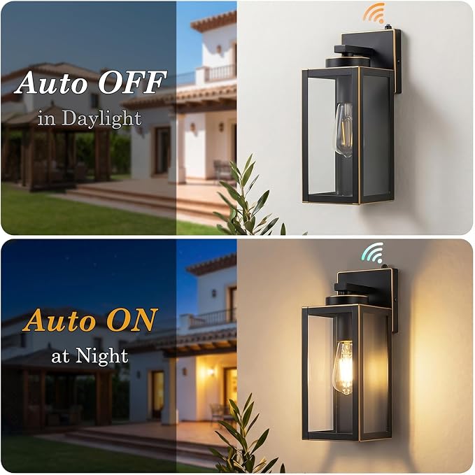 Upgraded Dusk to Dawn Outdoor Wall Lights, Bronze, 2-Pack | Auto On/Off, Rust-Resistant, Quick & Easy Installation, Waterproof & Weatherproof, Thick Clear Glass & Durable Metal