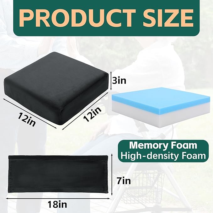 BALAPET Non-Slip Rollator Walker Seat Cushion and Backrest Cover Set for Elderly,Thickened 3in Supportive Memory Foam Walker Seat Cushion, Walker Seat Accessories for Seniors(Black)