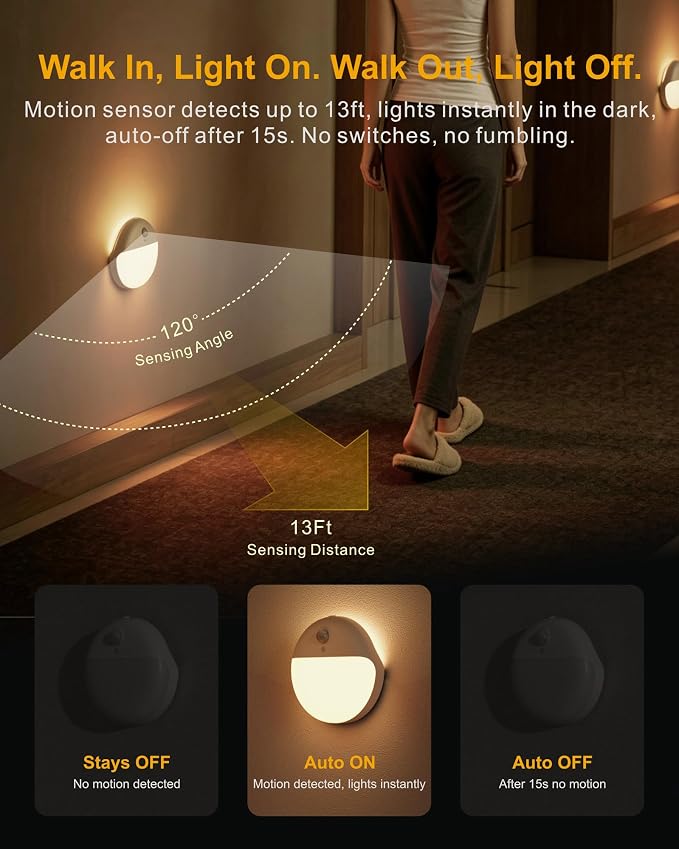 Toilet Light Motion Sensor, Battery Operated Night Light Indoor | 2 Pack, 3 Modes, Dimmable 1-15lm, Low Light No Plug, Small Wireless Stick on Light for Bathroom, Stairs, Cabinet, Warm Yellow
