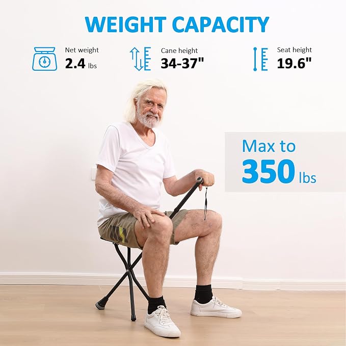 REHAND Walking Cane with Seat,Lightweight Foldable, Adjustable, Collapsible Canes with Stool for Men & Women, Heavy Duty All Terrain Tip, Portable Walking Stick Chair for Seniors & Adults