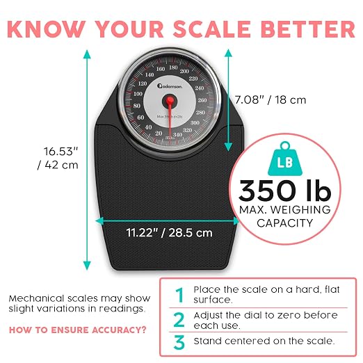 Adamson A24 Scales for Body Weight - Up to 350 LB - New - Anti-Skid Rubber Surface Extra Large Numbers - High Precision Bathroom Scale Analog - Durable with 20-Year Assurance - Black