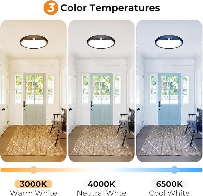 slochi 2Pack Motion Sensor Light Indoor Wired, 8.7 Inch 3000K/4000K/6500K Closet Lights Motion Sensored, 18W 1800LM Flush Mount Ceiling Light for Hallway Pantry Stairwell Porch, Black