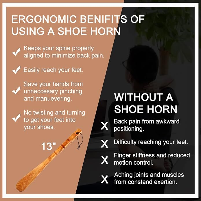 Premium Wooden Shoe Horn, 1 PCS Shoehorns Durable, 13" Long Handle Shoe horns, Lazy Shoe Helper Spoons for Seniors, Kids, Pregnancy, Men, Women