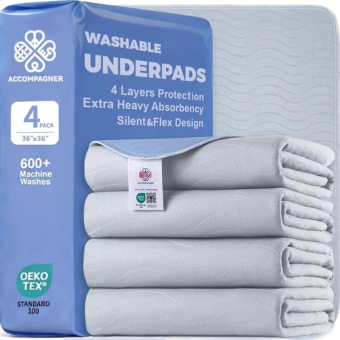 Accompagner Incontinence Bed Pads Washable Waterproof, Ultra-Absorbent Reusable Underpads for Diaper Changing, Nursing, Bedridden, Adults, Seniors, Kids and Dogs (Pearl Gray, 36"x36"(Pack of 4))