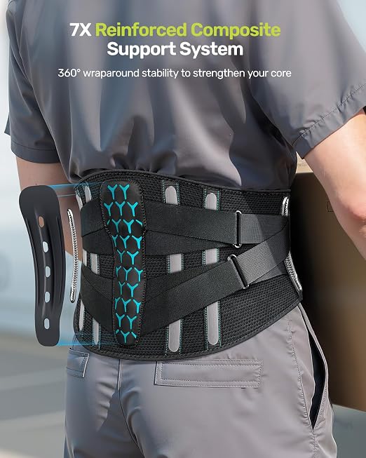 Rakiie Back Brace for Lower Back Pain, 7 Stays Ergonomic Support Brace with Comfortable 3D Pad, Easy to Put On/Off Lumbar Support Belt for Women Men, Pain Relief from Sciatica, Herniated Disc, Size M (Waist: 33.5"-39.4")