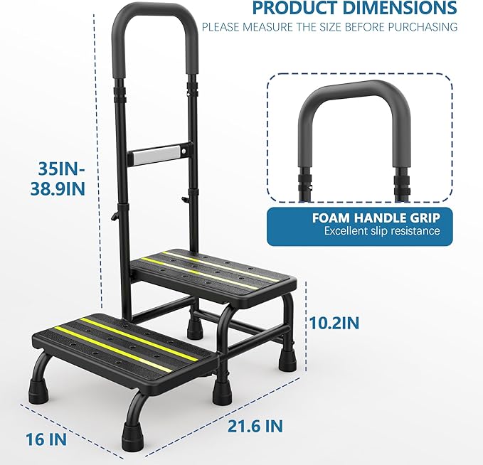 [2026 Upgrade] 2 Step Stool with Handle for Elderly with Sensor Night Light,Medical Heavy Duty Step Stool with Adjustable Handrail, Bedside Steps for People with Mobility Impairments,350lbs