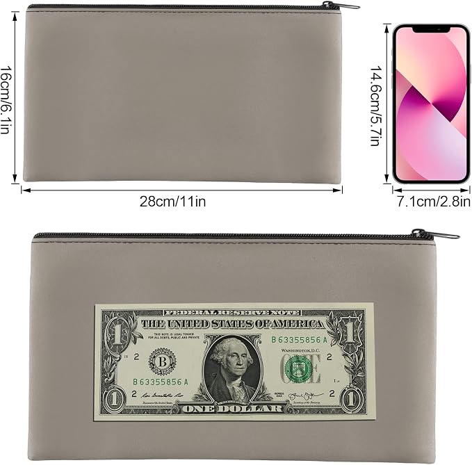 2 Pieces Money Bags with Zipper, 11x6.1 inch Money Pouch, Bank Bag, Cash Bag, Check Wallet, Cosmetics(Gray)