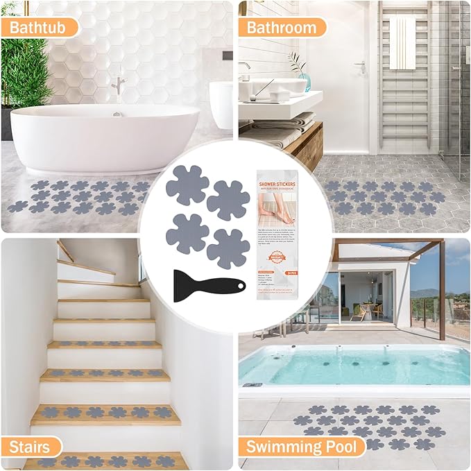 Non Slip Bathtub Stickers, 24 PCS Shower Stickers for Safety Bathroom Tubs, Bathtub Non Slip-Sticker and Adhesive Decals Scraper for Bath Tub, Shower Floor, Stairs, Ladders(Flower Shape, Grey)