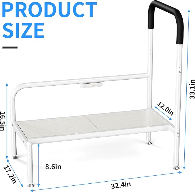 Bed Step Stool for Adults, Bedside Steps for Elderly Seniors with Non-Slip Handle & LED Light, Stable Assist Rail for High Beds with Storage Bag