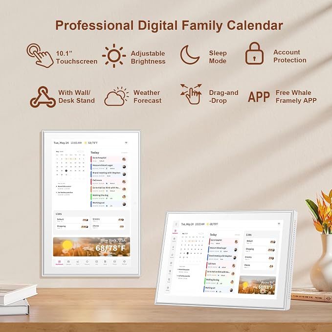 Whale Framely 10.1 Inch Digital Wall Calendar, Smart Family Schedule & Chore Chart,Meal planner, IPS FHD Touchscreen Wall Planner with Auto-Rotate, Wall Organizer, Gift for Father‘s Day/Grandpa