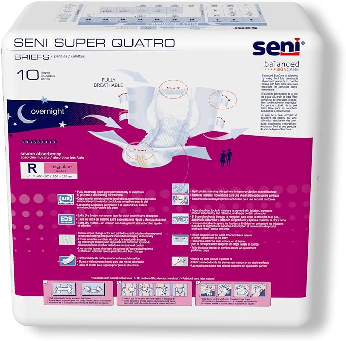 Seni Super Quatro Unisex Adult Incontinence Briefs with Tabs, Regular Size (40"-50"), 20 Count (2 Packs of 10), Severe Absorbency, Disposable Overnight Briefs for Men & Women