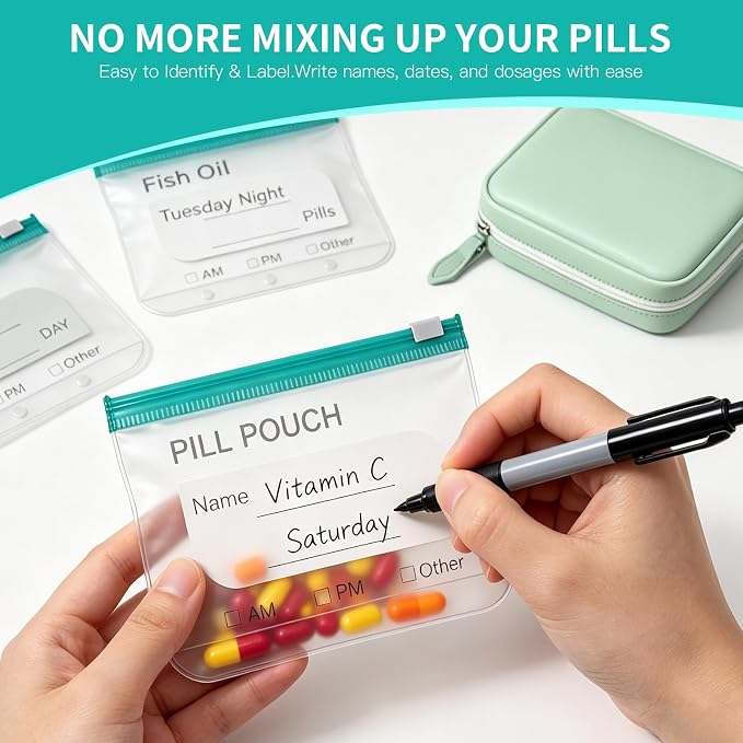 14 Day Travel Pill Kit Personal Medicine Organizer Case Set A8 Waterproof Pill Pouch for Travel Small Portable Storage Binder Style with Bags Cute Medication Purse Zipper Pocket (Pink-7 Pouches)