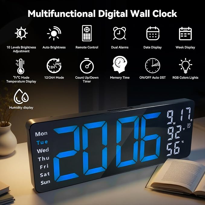 Digital Wall Clock Large Display, 17.3" Digital Clock with RGB Color Remote Control, Auto-Dimming Big Wall Clock with Night Light,Auto DST,Date Week,Temp for Home Decoration, for Elderly (Blue)