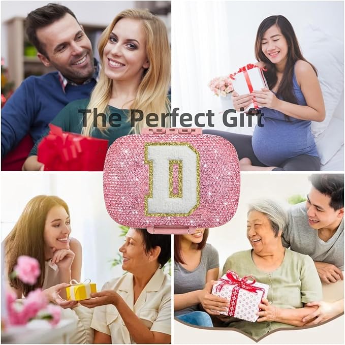 Cute Pill Organizer Small Bling Pill Case for Purse Medicine Vitamin Container Holder Daily Pill Box Container for Women Travel Medicine Kit(Letter D Pink)
