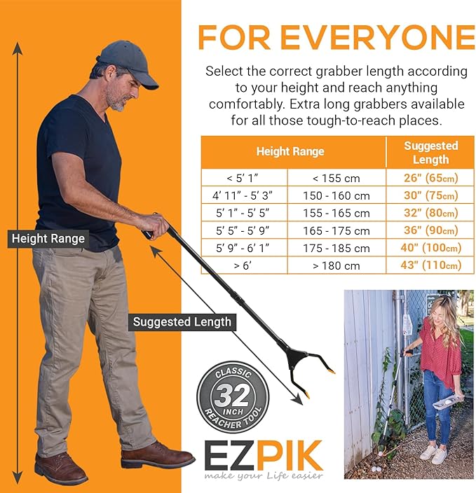 EZPIK Classic 32" Flexible Folding Grabber Tool for Elderly + Magnets, Reacher for Disabled & Seniors Heavy Duty Rotating Grippers for Reaching Underneath, Trash Grabbers & Pickers for Mobility 2-Pack