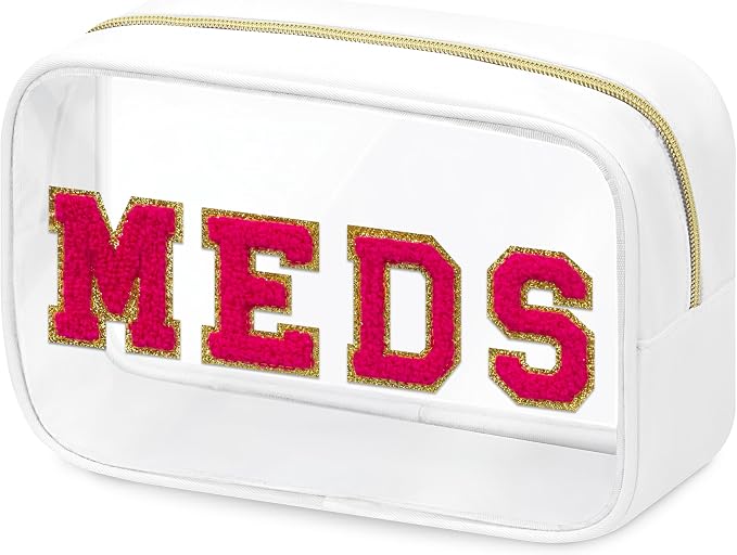 BuyCard Clear Meds Chenille Letter Nylon Makeup Bag - Portable Preppy Patch Cosmetic Toiletry Travel Storage Medicine Bag With Zipper for Women Girls White