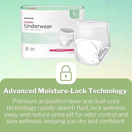 McKesson Super Adult Incontinence Underwear, [72 Count], Moderate Absorbency, Large, 44-58 in. Unisex Bladder Leak Protection, Pull-On Style with Tear-Away Sides, Postpartum and Incontinence Support