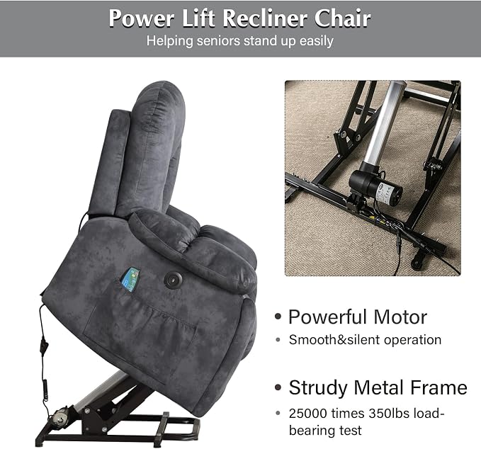 Large Power Lift Recliner Chair with Massage, Heat, and USB for Elderly, Overstuffed Wide Recliners, Heavy Duty and Safety Motion Reclining Mechanism, Gray