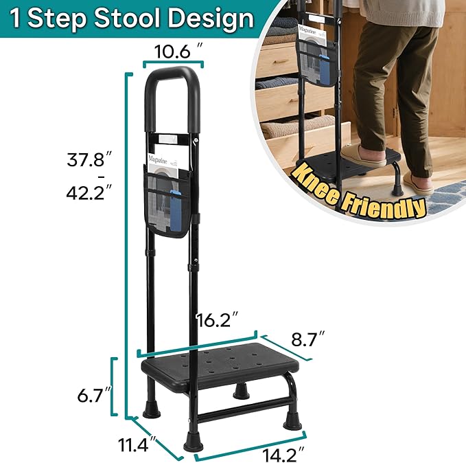 Step Stool with Handle – One Step Foot Stool for Adults, Non-Skid Bed Steps for High Beds, Adjustable Handrail with Night Light & Storage Bag, Safe Step Stool for Seniors & Elderly
