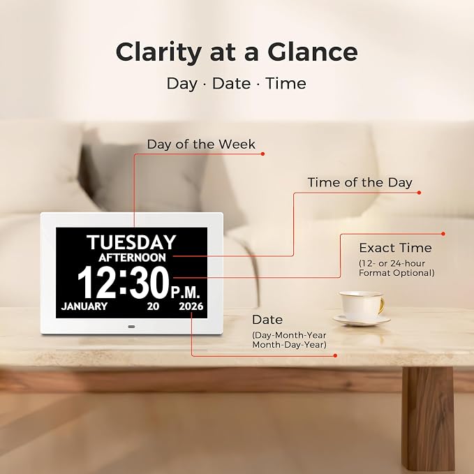 10.1'' Digital Clock With Date And Time, Large Display Dementia Alarm Clock | 1280*800P HD, Easy to See Date Time Day of Week, Reminders & Alarms, Auto DST, Gifts for Alzheimer Dementia Elderly, White