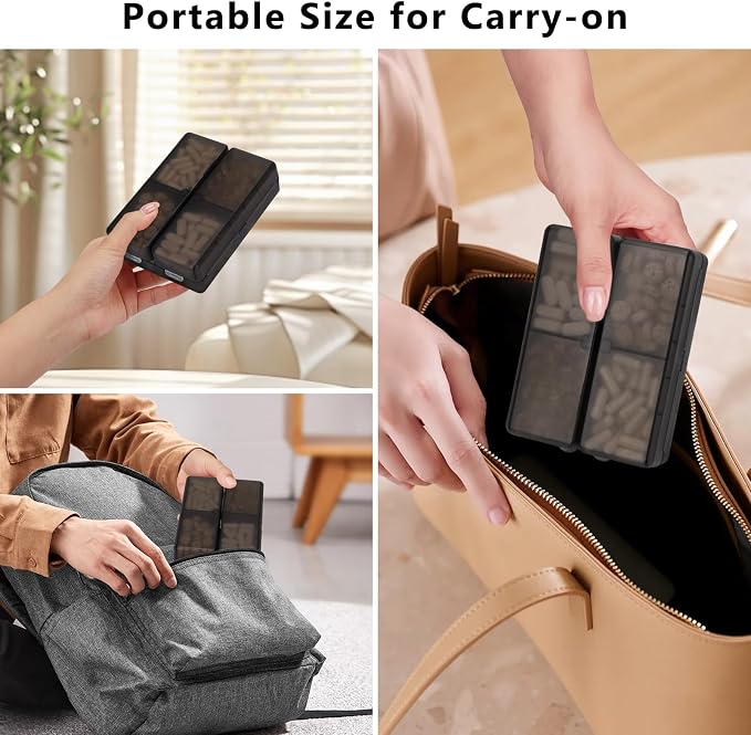 FYY 2 Pcs Daily Pill Organizer, 7 Compartments Portable Pill Case Travel Pill Organizer,[Folding Design]Pill Box for Purse Pocket to Hold Vitamins,Cod Liver Oil,Supplements and Medication-Clear Black