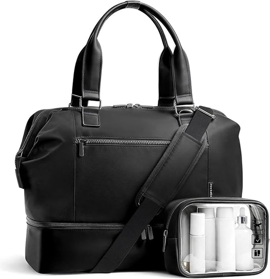 Travel Duffle Bag for Women,40L Weekender Bags Airline Approved Carry On with Shoe Compartment & Waterproof Wet Pocket, Durable Nylon Weekender Overnight Bag for Travel, Gym, Business Trip, Black
