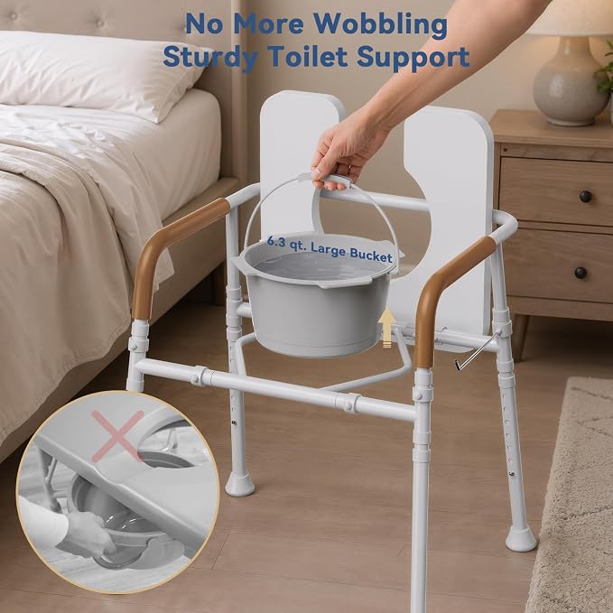 Bedside Commode for Seniors, 6.3 QT Removable Bucket & Splash Guard | 3-In-1 Potty Chair With Adjustable Height, Tool-Free Assembly, 350 Lbs Capacity, Portable Toilet For Adults & Post-Op Users