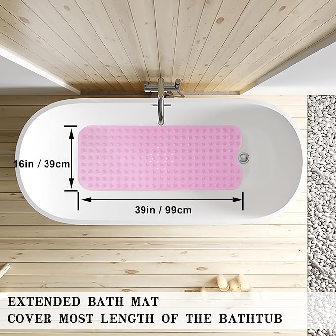 Bathtub and Shower Mats, Extra Long Non-Slip Bath Tub Mat 39 x 16 Inch, Machine Washable Bathmat with Suction Cups & Drain Holes for Bathroom Floor, Clear Pink