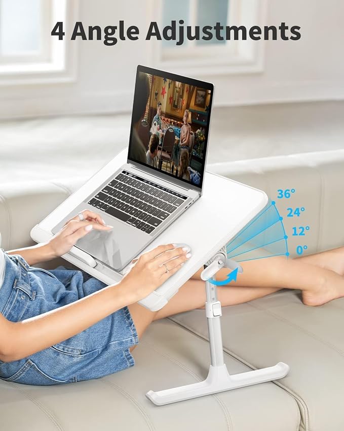 SAIJI Laptop Bed Tray Table, Adjustable PVC Leather Laptop Bed Table, Portable Standing Desk with Storage Drawer, Foldable Lap Tablet Table for Sofa Couch Floor (Large,White) | Fits 17" Laptop, Work From Home & Dorm Study, with Storage Drawer & PVC Lea...