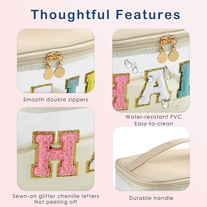 Personalized Chenille Letter Clear Hair Makeup Bag, Large Size Waterproof Nylon Cosmetic Toiletry Storage bag with Top Handle, Transparent Meds Hair Travel Organizer Cosmetic Bag(07Hair-Beige)