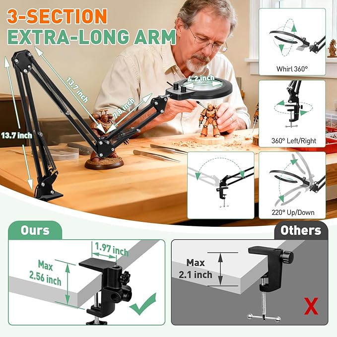 12X Magnifying Glass with Light with Clamp, 35in Extended Long Arm | Overhead Dual Knob Magnifier Lamp 4.2in Real Glass, Adjustable Color Brightness, For Workbench, Craft, Repair, Close Work