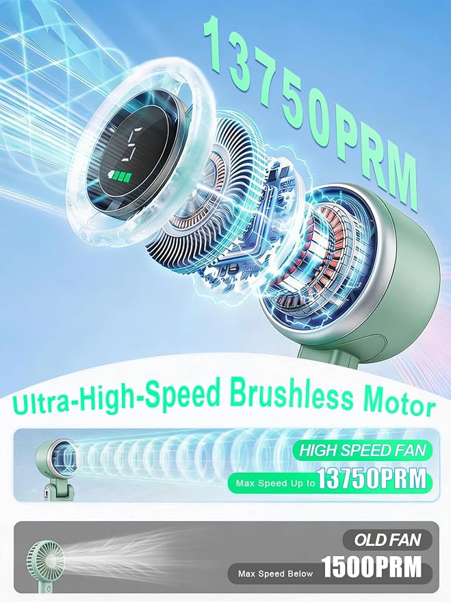 Portable Handheld Turbo Fan, 5 Gear Wind, Battery Operated, Up to 13 Working Hours Rechargeable Fan, 3 IN 1 Hand Fans with Air Turbo Tech Cooling Fan for for Travel, Beach, Outdoor - Green