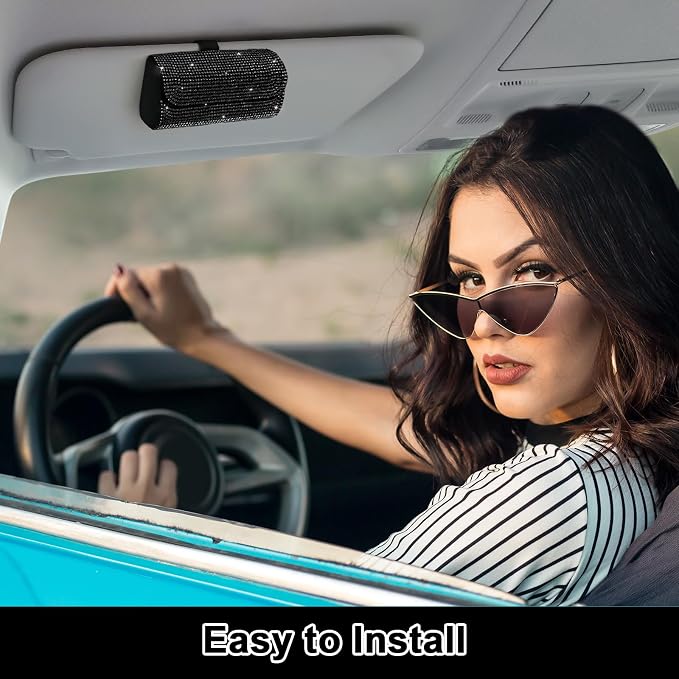 Accmor Bling Sunglasses Holder for Car Sun Visor 2 Pack, PU Leather Auto Glasses Storage Case Eyeglasses Organizer Protective Box Sparkling Crystal Car Accessories for Truck, SUV, RV (Black)