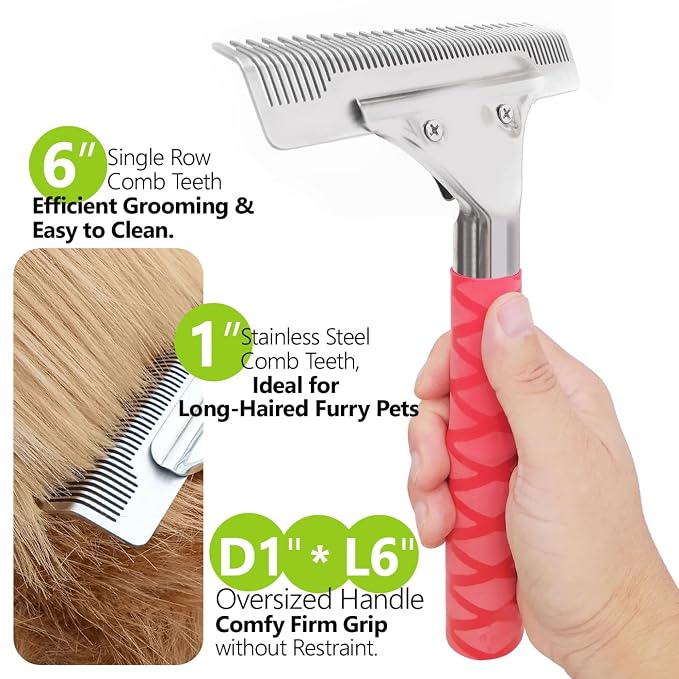 Dog Brush for Shedding, Undercoat Rake for Dogs & Cats, 6" Wide Dual Length Stainless Steel Teeth Deshedding Grooming Brush for Long & Short Haired Pets, Comfort Grip, Easy Clean - RED