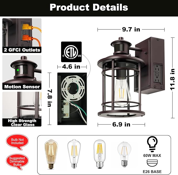 Retro Industrial Brown Outdoor Wall Lights with GFCI Outlet - Dusk to Dawn & Motion Sensor Porch Light, 3 Modes, Waterproof Anti-Rust Exterior Sconce for Porch,Garage, Patio, House