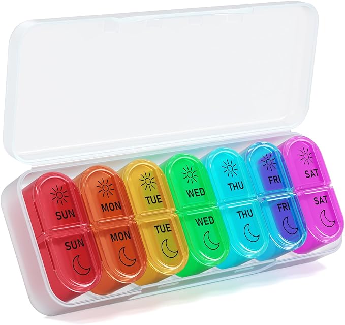 Weekly Pill Organizer 2 Times a Day - AM PM Pill Organizer with 7 Daily Color-Coded Small Cases, Morning and Night Travel Pill Cases for Vitamins, Medicine, & Supplements