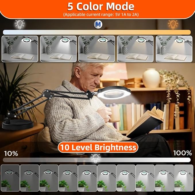 10X Magnifying Glass with Light and Stand, 2-in-1 Adjustable Swing Arm Desk Crafts Clamp Magnifier, Color Temperature LED Lighted Magnifierfor Close Work,Sewing,Crafts,Hobbies,Reading