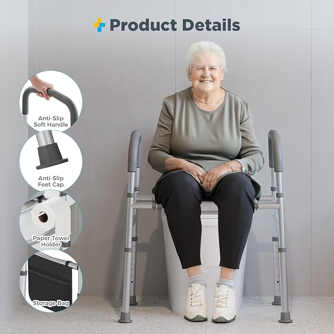 Bedside Commode for Seniors, Commode Chair with Adjustable Width and Height, 400 LBS Weight Capacity, 16.9 Inch Extra Large Soft Seat Plate