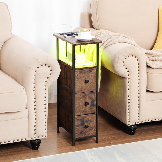 Narrow End Table with Charging Station, Small Nightstand | Skinny Side Tables Living Room with 3 Fabric Drawers, Slim Bedside Table with LED Lights for Bedroom, Small Spaces, Brown