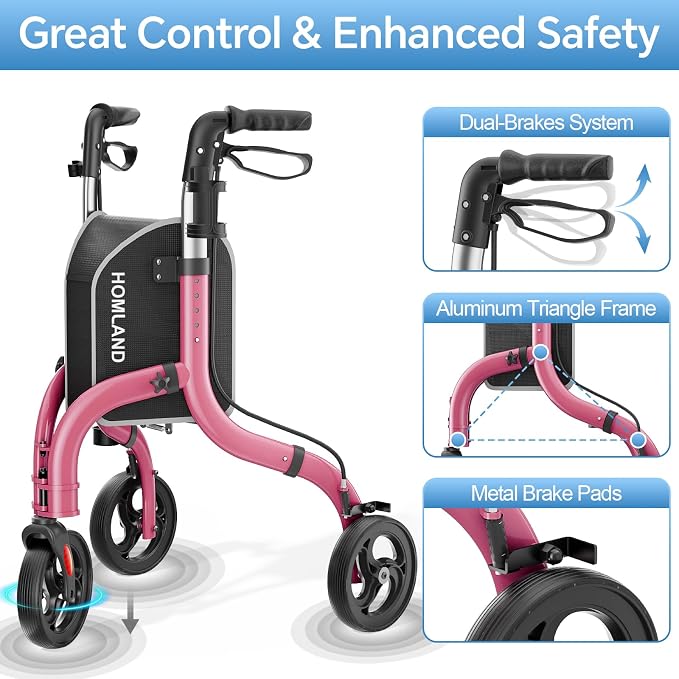 HOMLAND Foldable 3 Wheel Walkers for Seniors, Lightweight 10.4 lbs | with Cane & Cup Holder, Height Adjustable, 8'' big wheel, Ruby Red
