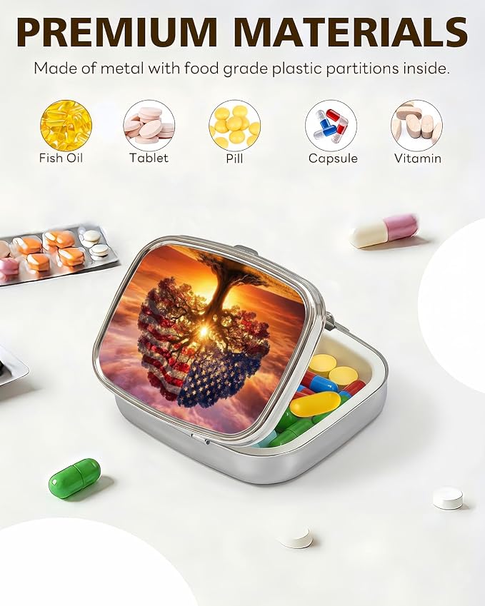 LRITER Pill Case, 2 Compartment Portable Small Travel Pill Organizer for Purse and Pocket, Stylish Medicine Case with Multiple Patterns, Daily Pillbox for Home & Travel (Flag Tree)